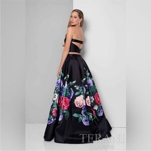 Terani Couture Strapless Black Dress with Floral Design